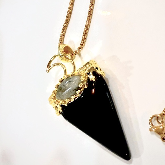 Gold Boho Black Obsidian Moon Crowned Stone Protection Amulet Necklace - Picture 1 of 4